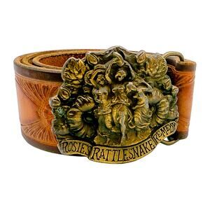 Rosie’s Rattlesnake Remedy Vintage 1970s Brass Buckle Brown Leather Belt